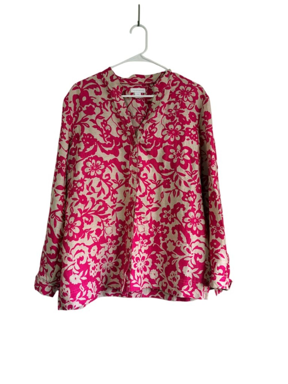 Charter Club Fuchsia and Cream Floral V-Neck 100% Linen Tunic Size 16